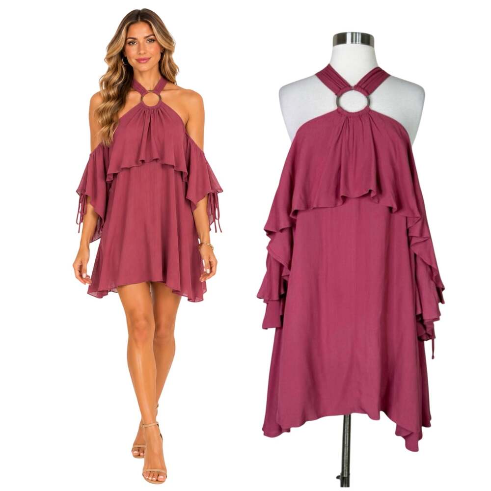 Free People | Mauve Rose Ruffle Cold Shoulder Halter Boho Mini Dress Small